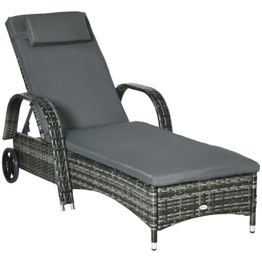 Outdoor and Garden-Patio Wicker Chaise Lounge, PE Rattan Outdoor Lounge Chair with Cushion, Height Adjustable Backrest & Wheels, Mixed Grey - Outdoor Style Company