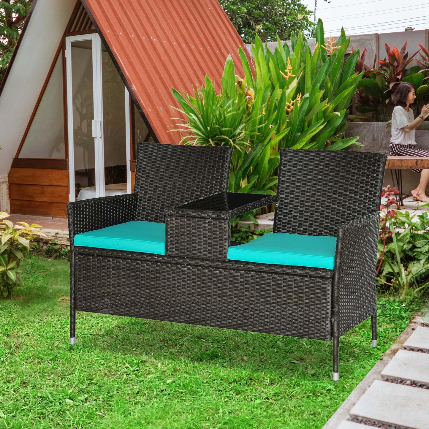 Outdoor and Garden-Patio Wicker Conversation Furniture Set, Outdoor Rattan 2-Seater Chair, Modern Loveseat w/ Cushions & Coffee Table for Garden, Teal - Outdoor Style Company