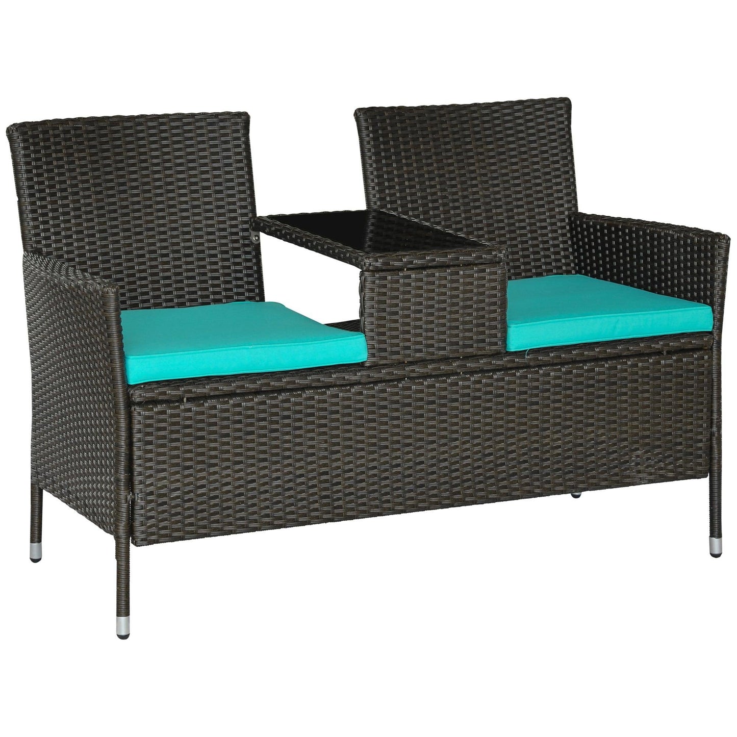 Outdoor and Garden-Patio Wicker Conversation Furniture Set, Outdoor Rattan 2-Seater Chair, Modern Loveseat w/ Cushions & Coffee Table for Garden, Teal - Outdoor Style Company