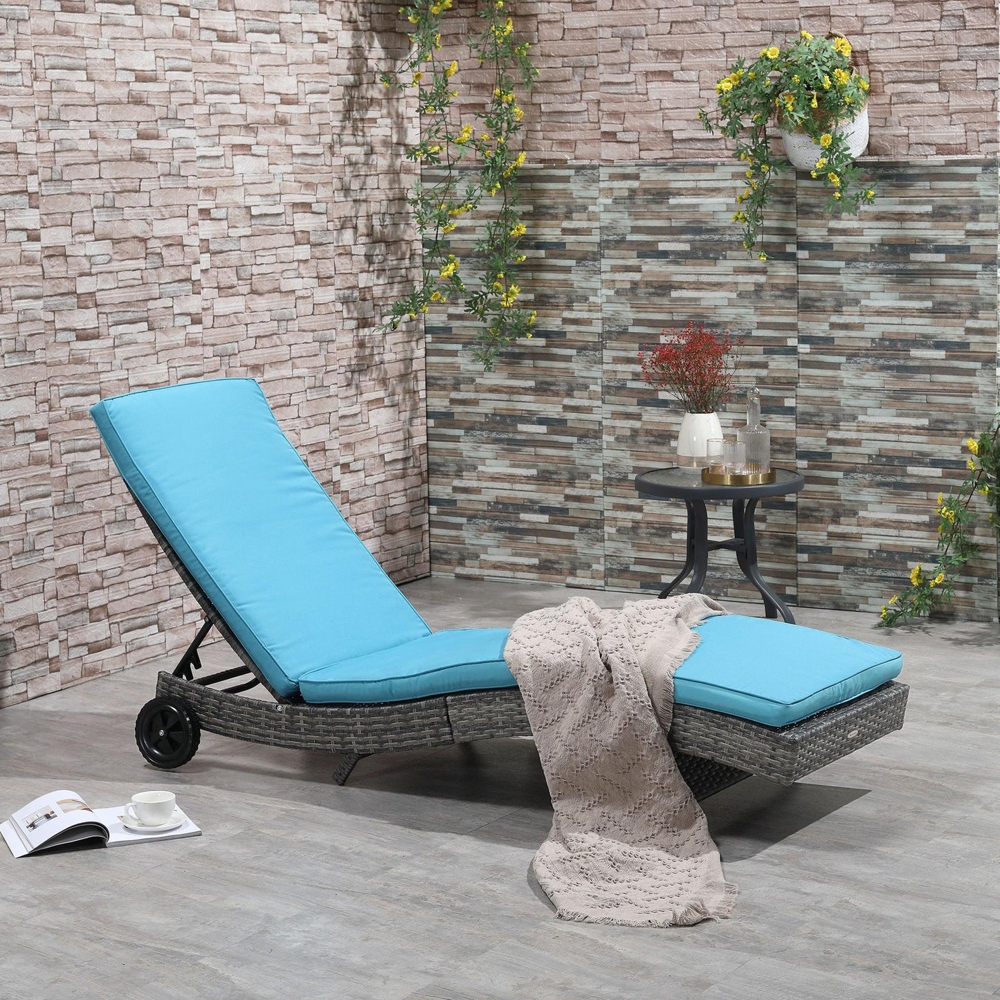 Outdoor and Garden-Patio Wicker Cushioned Chaise Lounge Chair, Outdoor PE Rattan Sun lounger w/ 5-Level Adjustable Backrest & Wheels for, Sky Blue - Outdoor Style Company