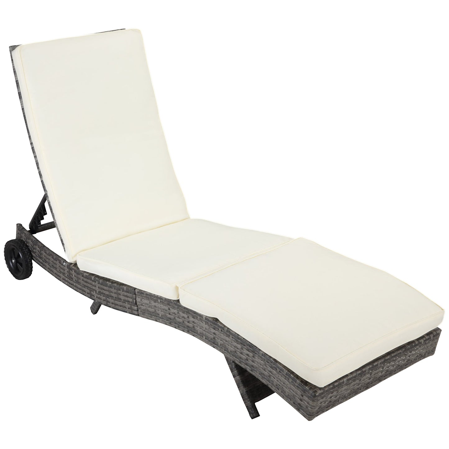 Outdoor and Garden-Patio Wicker Cushioned Chaise Lounge Chair, Outdoor PE Rattan Sun lounger w/ 5-Level Adjustable Backrest & Wheels, Off-white - Outdoor Style Company