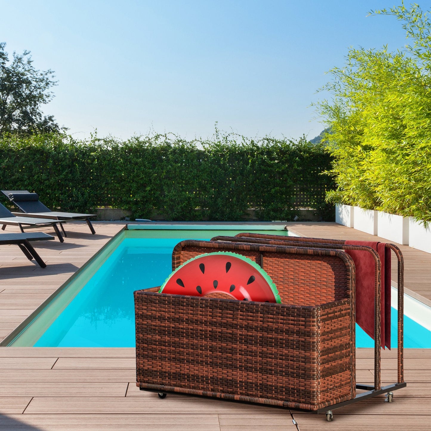 Outdoor and Garden-Patio Wicker Pool Float Storage Basket, Outdoor PE Rattan Pool Caddy w/ Rolling Wheels for Floats, Noodles, Paddles & Accessories, Mix Brown - Outdoor Style Company
