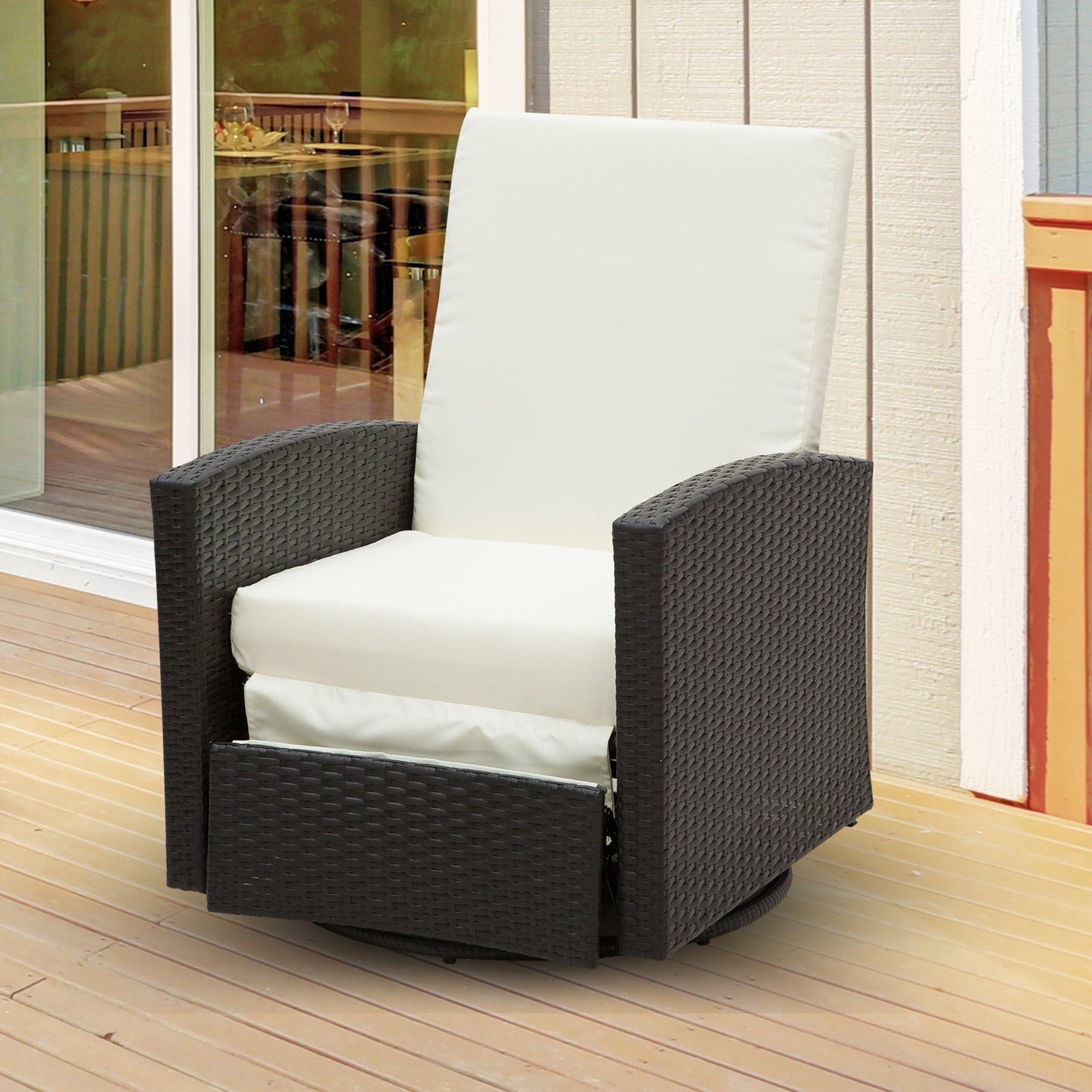 Outdoor and Garden-Patio Wicker Recliner Chair with Footrest, Outdoor PE Rattan 360° Swivel Chair with Soft Cushion, Lounge Chair for Patio, Garden, White - Outdoor Style Company