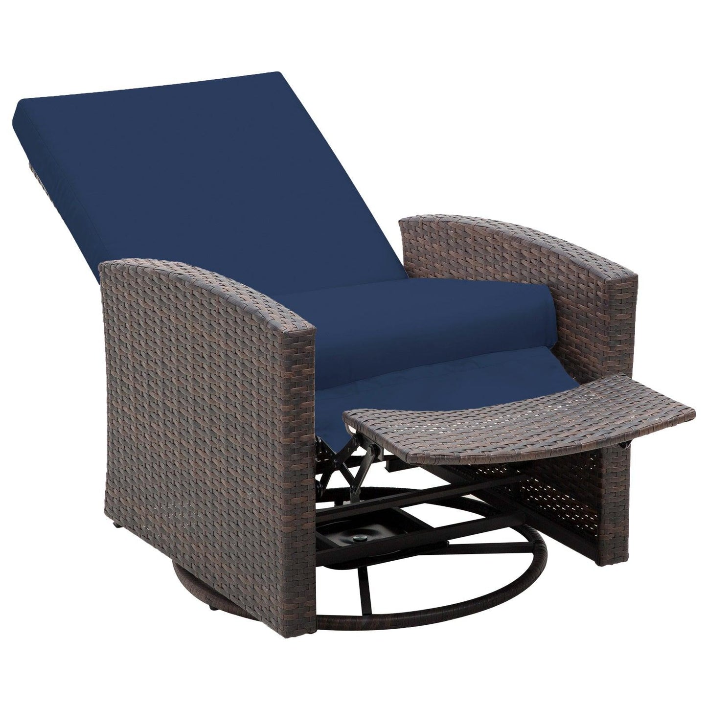 Outdoor and Garden-Patio Wicker Recliner Chair with Footrest, Outdoor PE Rattan 360°Swivel Chair with Soft Cushion, Lounge Chair for Patio, Dark Blue - Outdoor Style Company