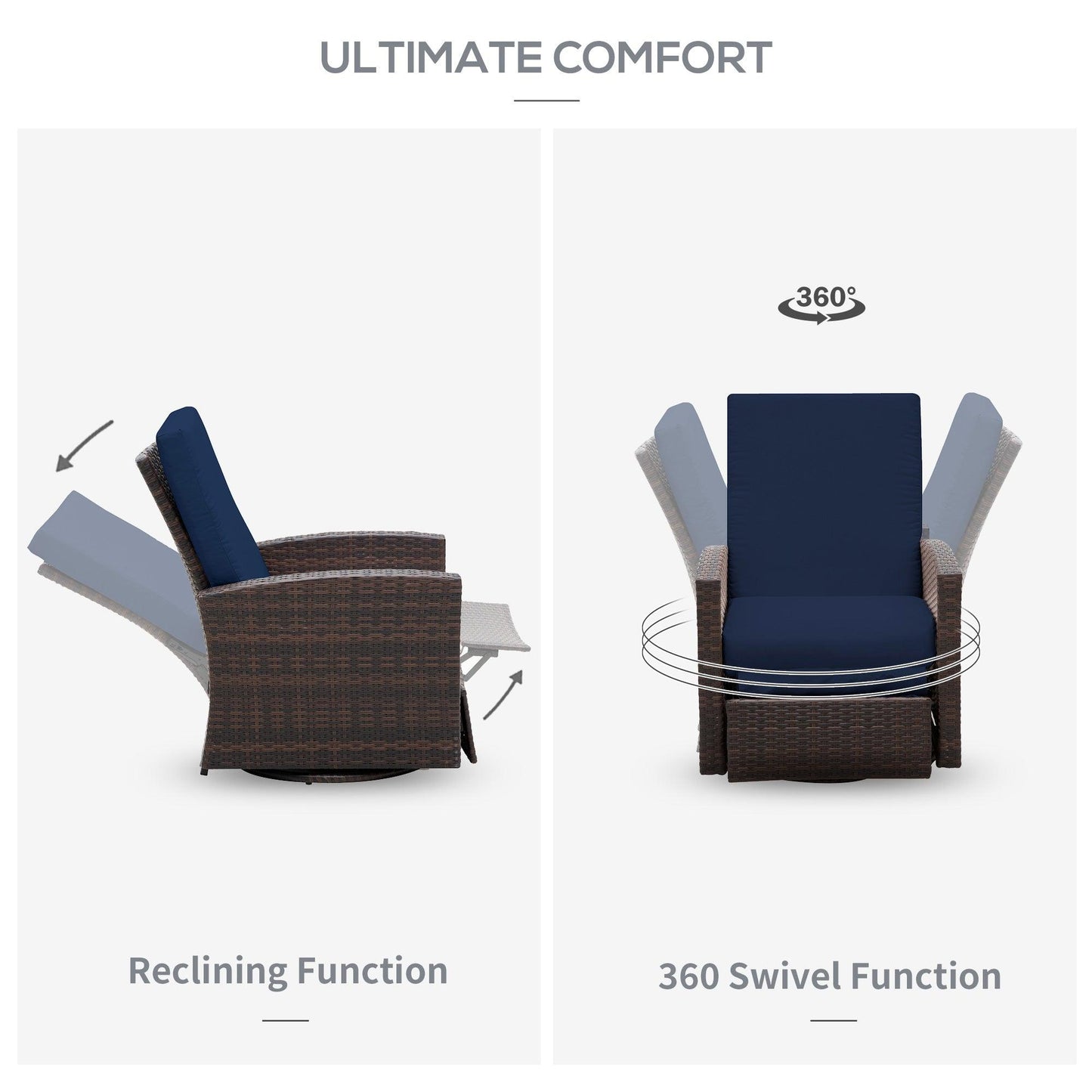 Outdoor and Garden-Patio Wicker Recliner Chair with Footrest, Outdoor PE Rattan 360°Swivel Chair with Soft Cushion, Lounge Chair for Patio, Dark Blue - Outdoor Style Company