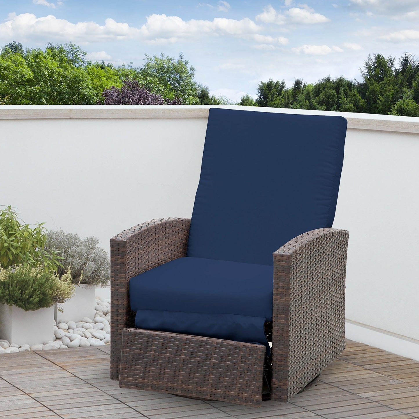 Outdoor and Garden-Patio Wicker Recliner Chair with Footrest, Outdoor PE Rattan 360°Swivel Chair with Soft Cushion, Lounge Chair for Patio, Dark Blue - Outdoor Style Company