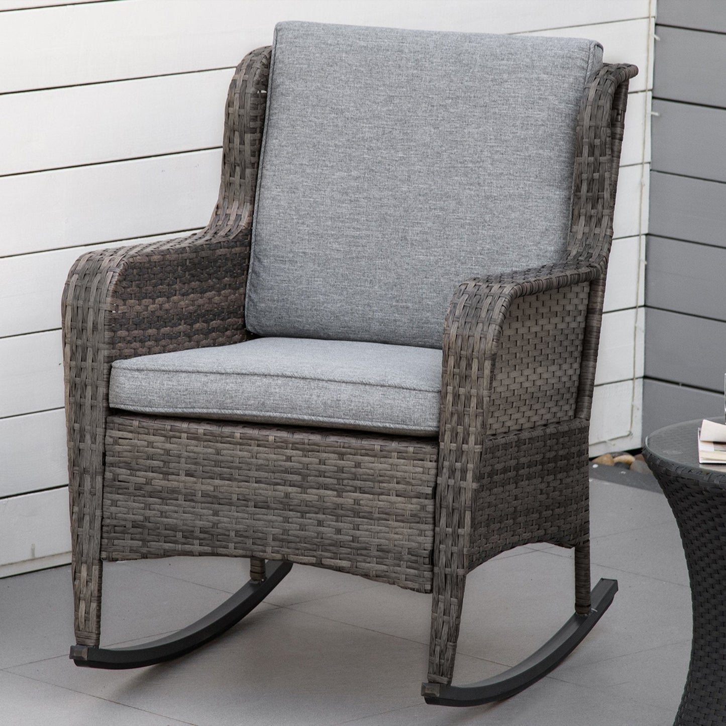Outdoor and Garden-Patio Wicker Rocking Chair, Outdoor PE Rattan Swing Chair w/ Soft Cushions, Classic Style for Garden, Patio, Lawn, Mixed Grey - Outdoor Style Company