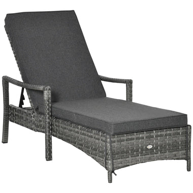 Outdoor and Garden-Patio Wicker Single Sun Lounger, Dual PE Rattan Weave Outdoor, 4-Level Adjustable Backrest w/ Removeable & Washable Cushion, Dark Grey - Outdoor Style Company