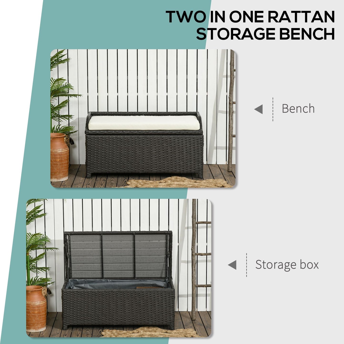 Outdoor and Garden-Patio Wicker Storage Bench, Cushioned Outdoor PE Rattan Patio Furniture, Air Strut Assisted Easy Open, 2-In-1 Seat Box with Handles Seat - Outdoor Style Company