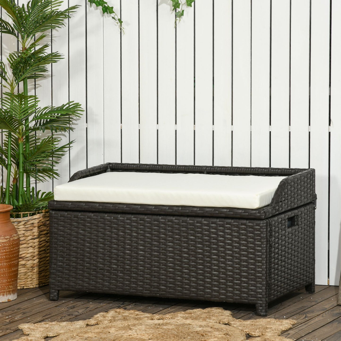 Outdoor and Garden-Patio Wicker Storage Bench, Cushioned Outdoor PE Rattan Patio Furniture, Air Strut Assisted Easy Open, 2-In-1 Seat Box with Handles Seat - Outdoor Style Company