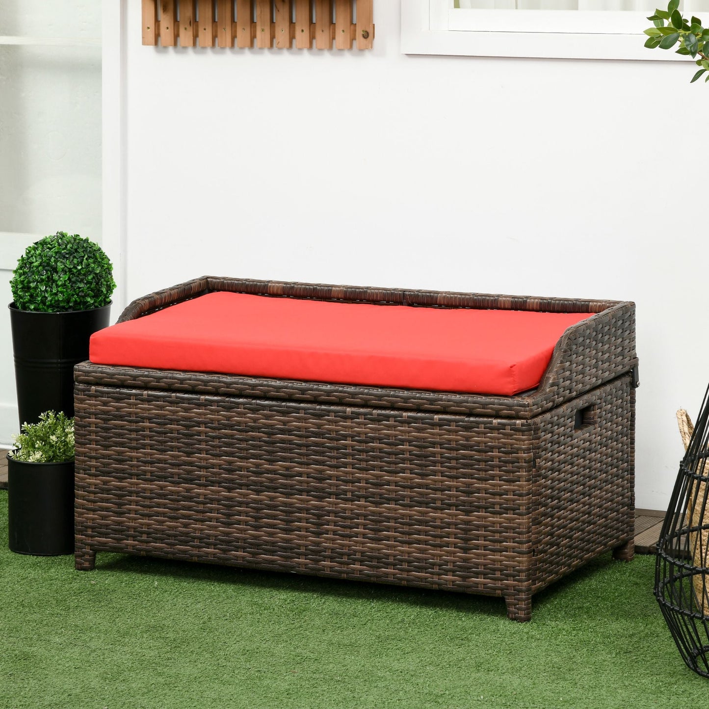 Outdoor and Garden-Patio Wicker Storage Bench, Cushioned Outdoor PE Rattan Patio Furniture, Air Strut Assisted Easy Open, 2-In-1 Seat Box with Handles Seat - Brown - Outdoor Style Company
