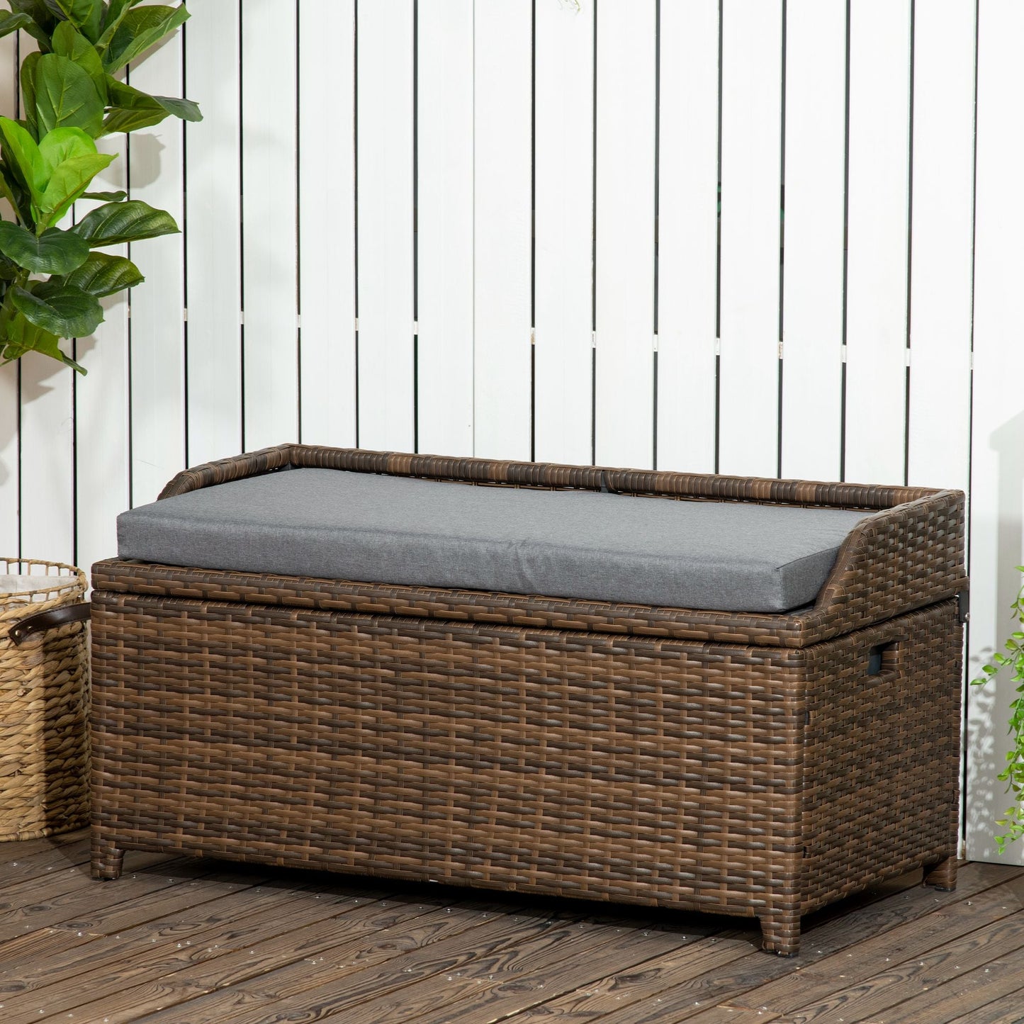 Outdoor and Garden-Patio Wicker Storage Bench, Cushioned Outdoor PE Rattan Patio Furniture, Air Strut Assisted Easy Open,2-In-1 Seat Box with Handles Seat - Outdoor Style Company