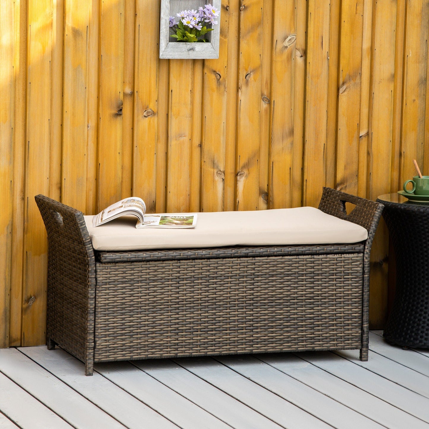 Outdoor and Garden-Patio Wicker Storage Bench, Outdoor PE Rattan Furniture, 2-In-1 Large Capacity Footstool Rectangle Basket Box, Cream White - Outdoor Style Company