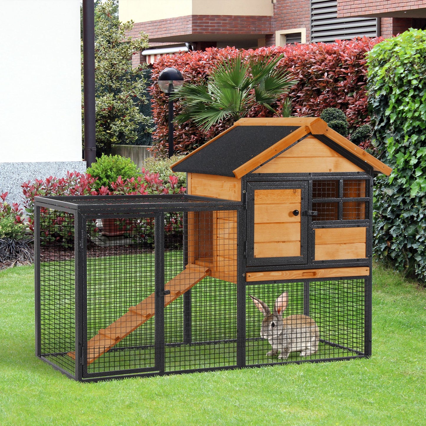 -PawHut 2-Level Rabbit Hutch Bunny Cage, Elevated Pet House with Weatherproof Hinged Asphalt Roof, Removable Tray & Ramp for Outdoor, Natural - Outdoor Style Company