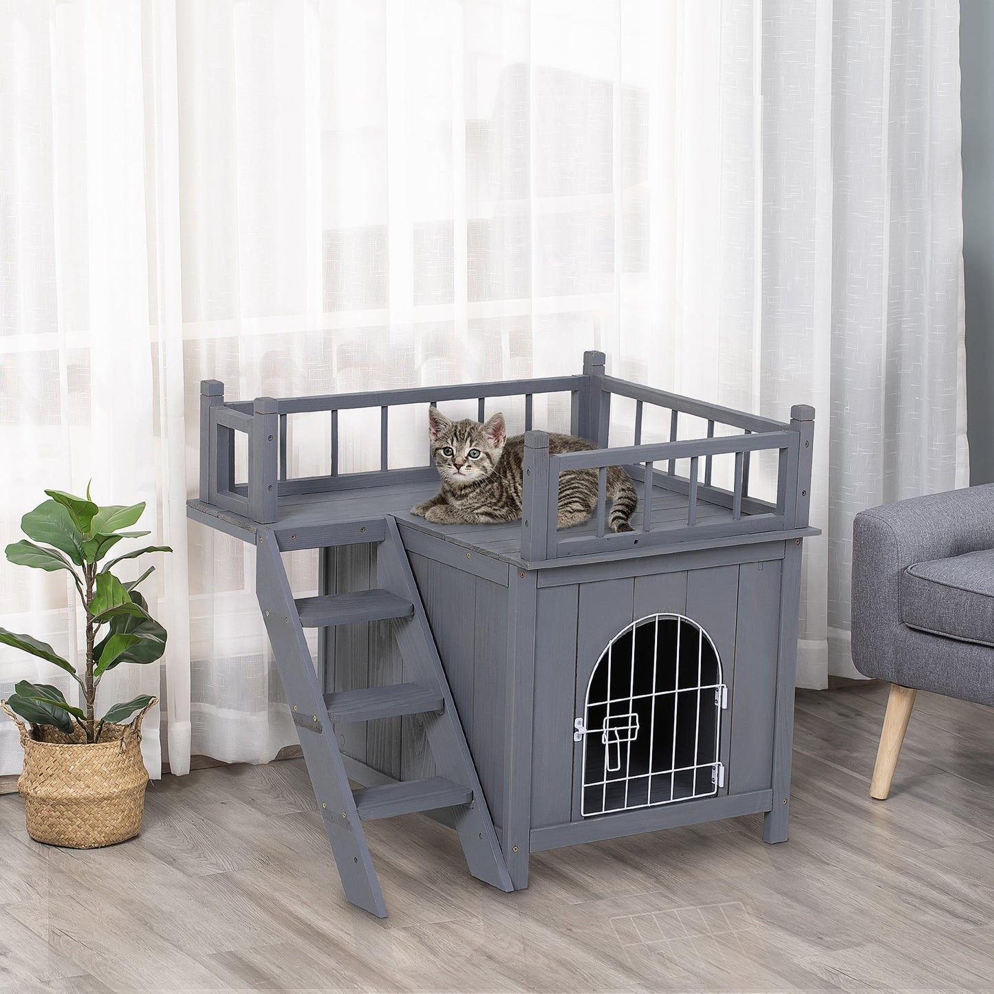 -PawHut 2-Level Wooden Outdoor Cat House , Outdoor Dog Shelter Cat Condo with Lockable Wire Door and Balcony, Grey - Outdoor Style Company