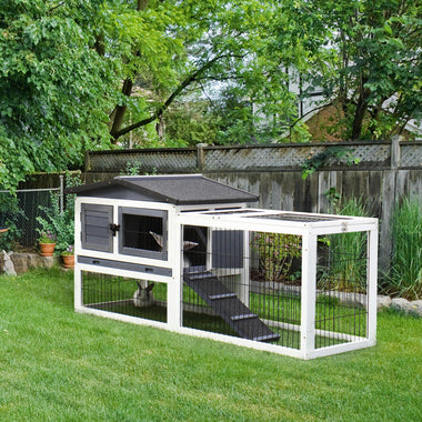 -PawHut 2 Levels Wooden Rabbit Hutch Bunny Hutch House Guinea Pig Cage with Run Space, Removable Tray, Ramp and Waterproof Roof for Outdoor, Grey - Outdoor Style Company