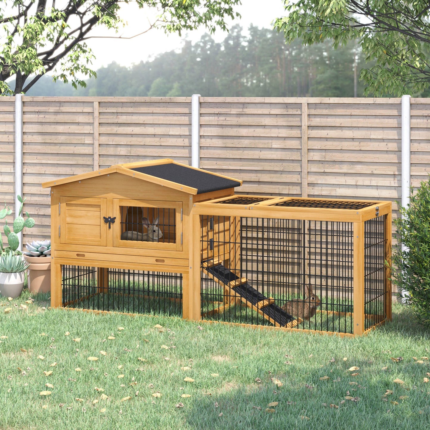 -PawHut 2 Levels Wooden Rabbit Hutch Bunny Hutch House Guinea Pig Cage with Run Space, Removable Tray, Ramp and Waterproof Roof for Outdoor, Yellow - Outdoor Style Company