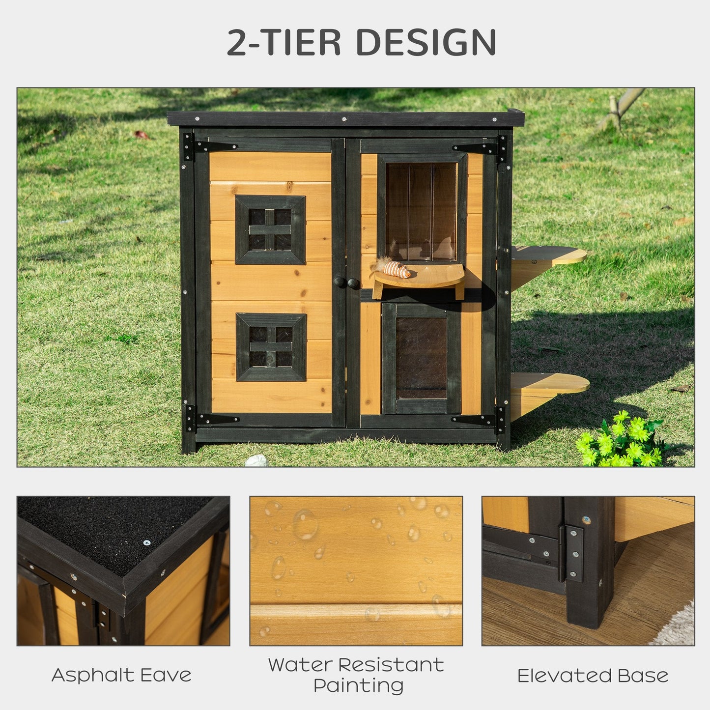 -PawHut 2-Tier Cat House, Outdoor Feral Cat Shelter, with Weather Resistant Roof, Escape Door, PVC Curtain, Glass Window, Yellow - Outdoor Style Company