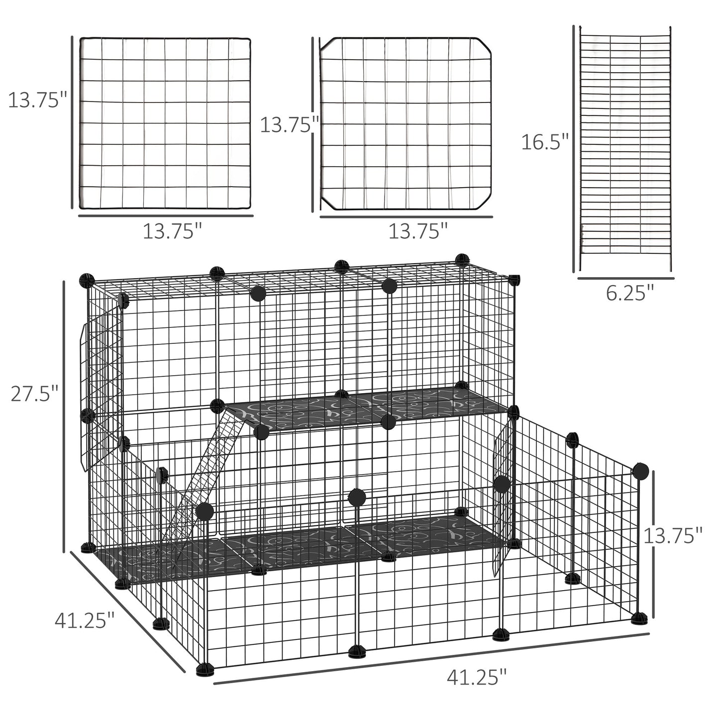 -PawHut 2-Tier Foldable Bunny Playpen Small Animal Playpen Pet Fence with Door, Ramp & DIY Plastic Fence, Black - Outdoor Style Company