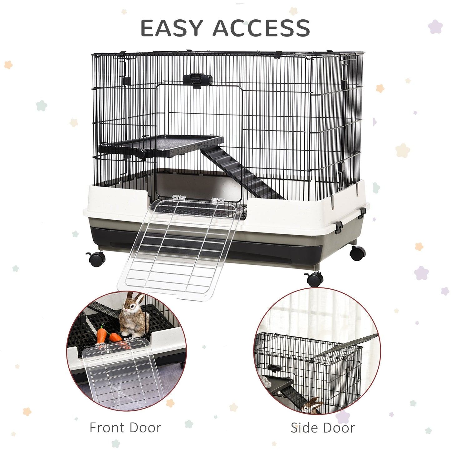 -PawHut 2-Tier Small Animal Cage, Rabbit Hutch with Wheels, Removable Tray, Platform and Ramp for Bunny, Chinchillas, Ferret, Hedgehog & Gerbils, Black - Outdoor Style Company