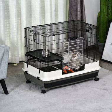 -PawHut 2-Tier Small Animal Cage, Rabbit Hutch with Wheels, Removable Tray, Platform and Ramp for Bunny, Chinchillas, Ferret, Hedgehog & Gerbils, Black - Outdoor Style Company