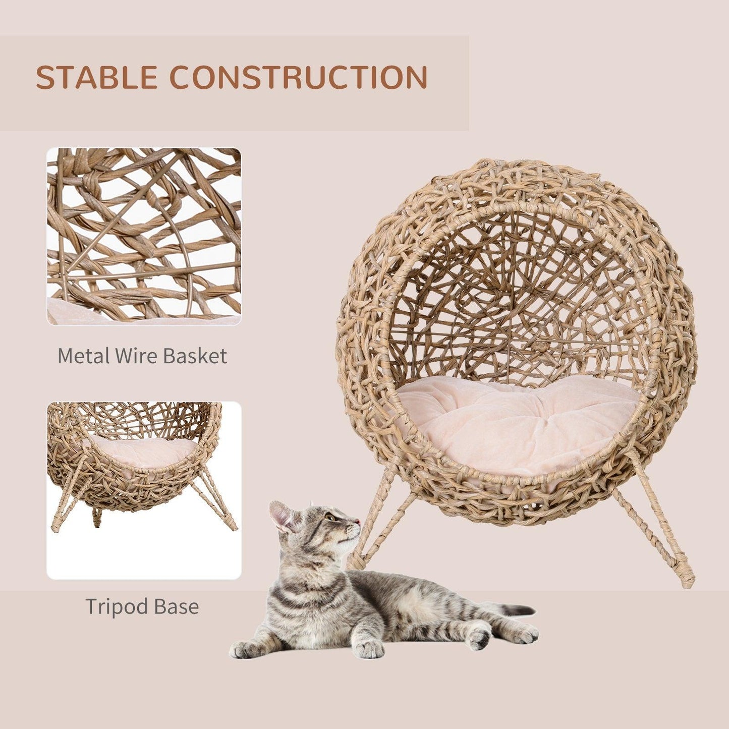 '-PawHut 20.5" Weaved Cat Bed, Hand-Woven Braided Banana Leaf Kitten House Cat Condo with Cushion, Natural - Outdoor Style Company