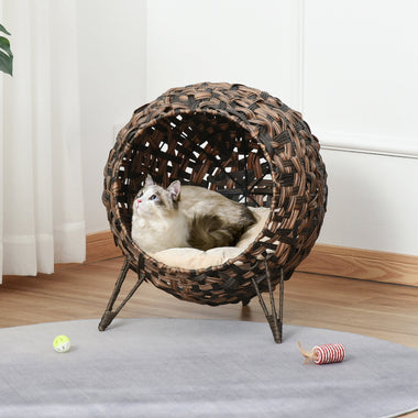 -Pawhut 20.5" Woven Wicker Cat Bed, Elevated Hand-Woven Braided Banana Leaf Kitten House Condo with Cushion, Brown - Outdoor Style Company