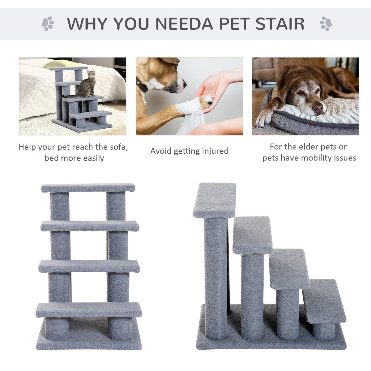 -Pawhut 25" 4-Step Multi-Level Carpeted Cat Scratching Post Pet Stairs for High Beds & Sofas, Cat Furniture With Toy, Gray - Outdoor Style Company