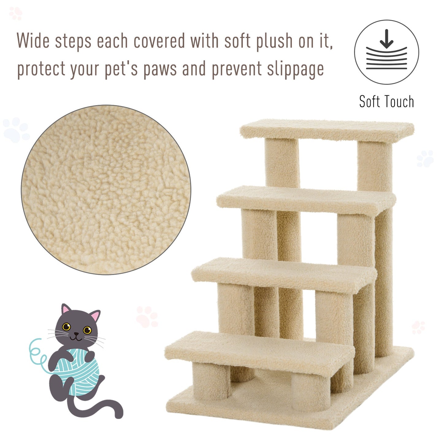 -PawHut 25" 4-Step Pet Stairs, Multi-Level Durable Wear-Resistant Particle Board Carpeted Ladder Ramp, Cat Dog Scratching Post, Cat Tree Climber, Beige - Outdoor Style Company