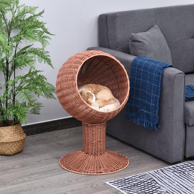 '-PawHut 27" Hooded Wicker Elevated Cat Bed, Rattan Kitten Condo Round with Cushion, Brown - Outdoor Style Company