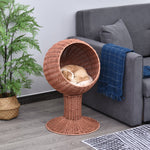 -PawHut 27" Hooded Wicker Elevated Cat Bed, Rattan Kitten Condo Round with Cushion, Brown - Outdoor Style Company