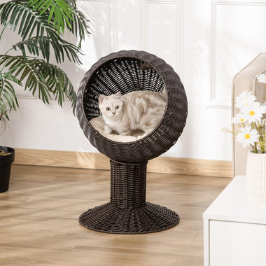 '-PawHut 27" Hooded Wicker Raised Cat Bed Rattan Cat Condo Round with Cushion, Coffee - Outdoor Style Company