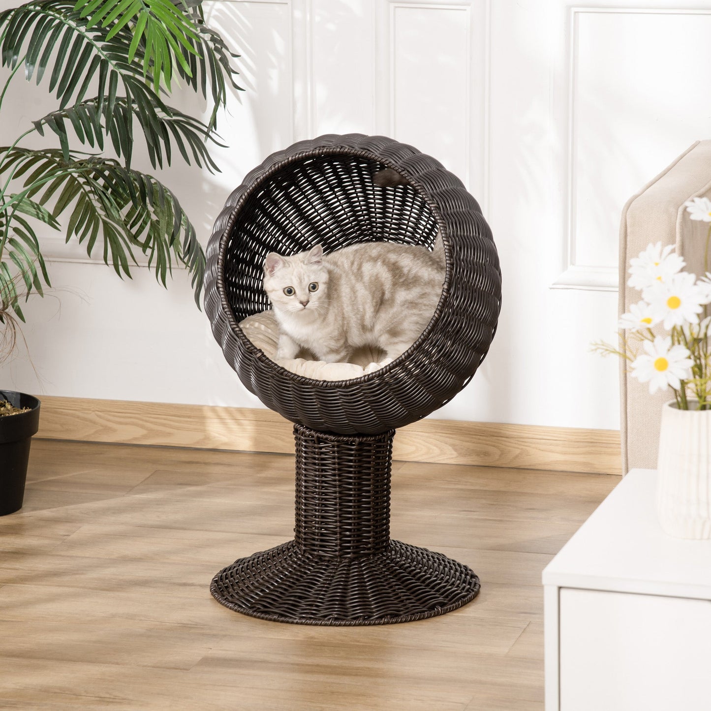 -PawHut 27" Hooded Wicker Raised Cat Bed Rattan Cat Condo Round with Cushion, Coffee - Outdoor Style Company