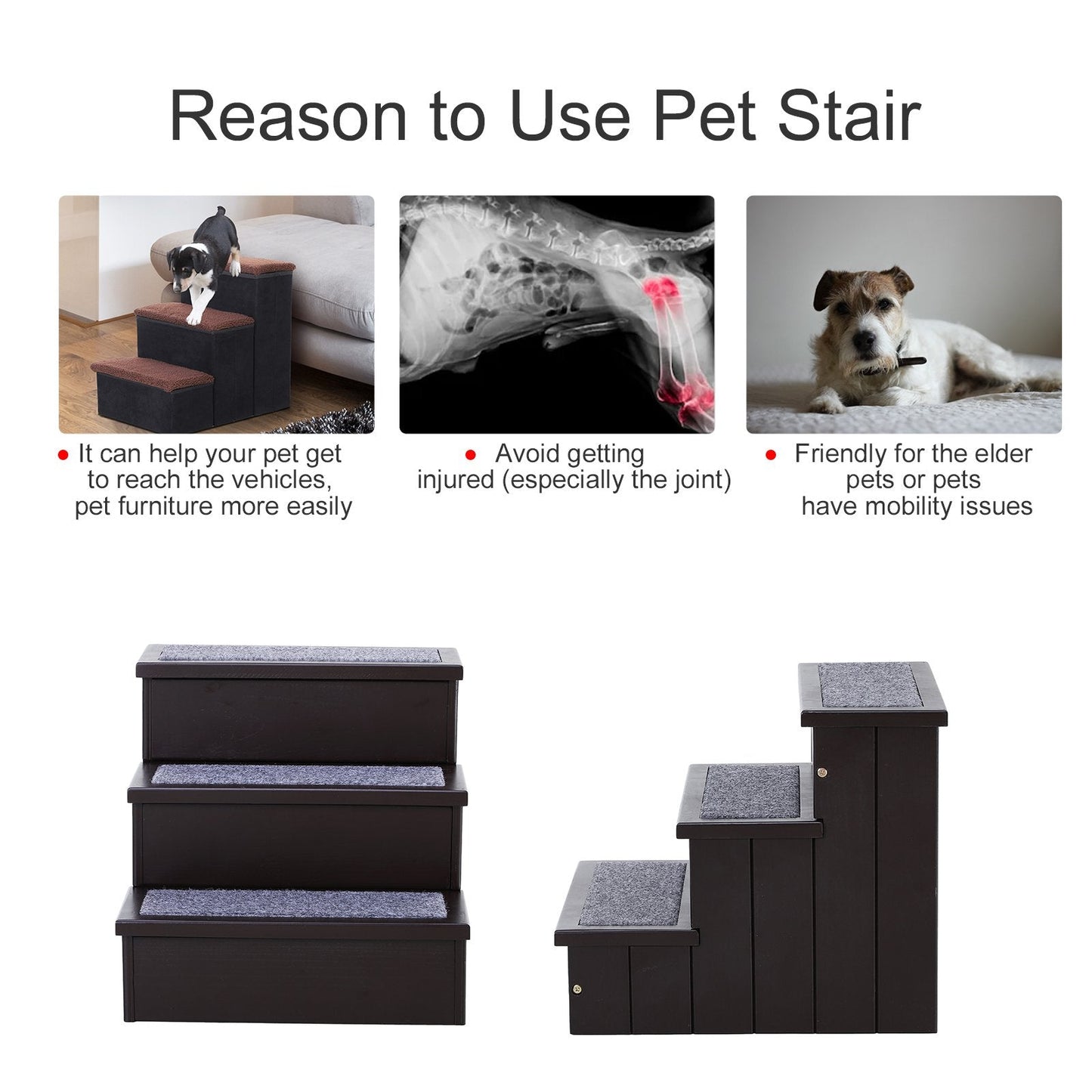 -PawHut 3 Step Wooden Carpeted Non Slip Pet Stairs Ramp for Cats and Small Dogs - Brown - Outdoor Style Company