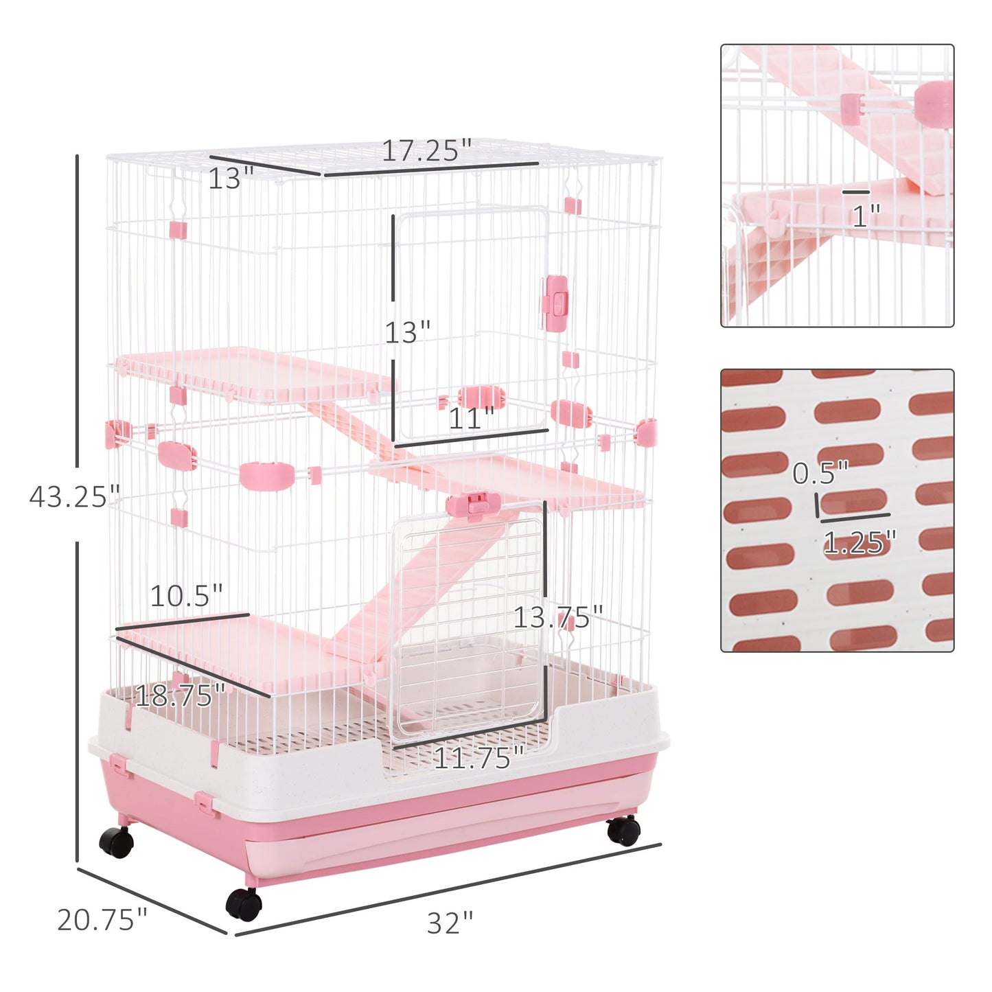 -PawHut 32"L 4-Level Big Hamster Cage, Rabbit Hutch with Lockable Wheels & Slide-out Tray for Bunny, Chinchillas, Ferret, Hedgehog & Gerbils, Pink - Outdoor Style Company