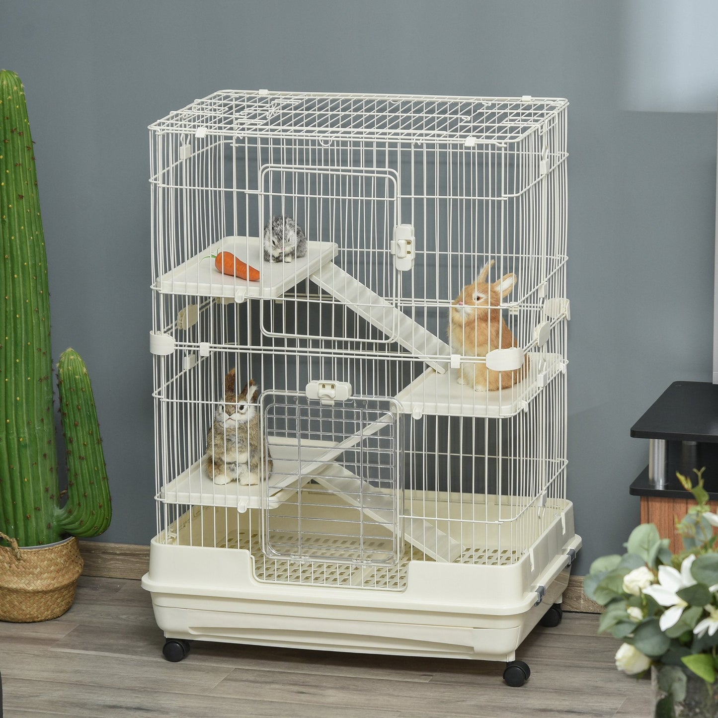 -PawHut 32"L 4-Level Small Animal Cage, Rabbit Hutch with Universal Lockable Wheels & Slide-out Tray for Bunny, Chinchillas & Ferret, White - Outdoor Style Company
