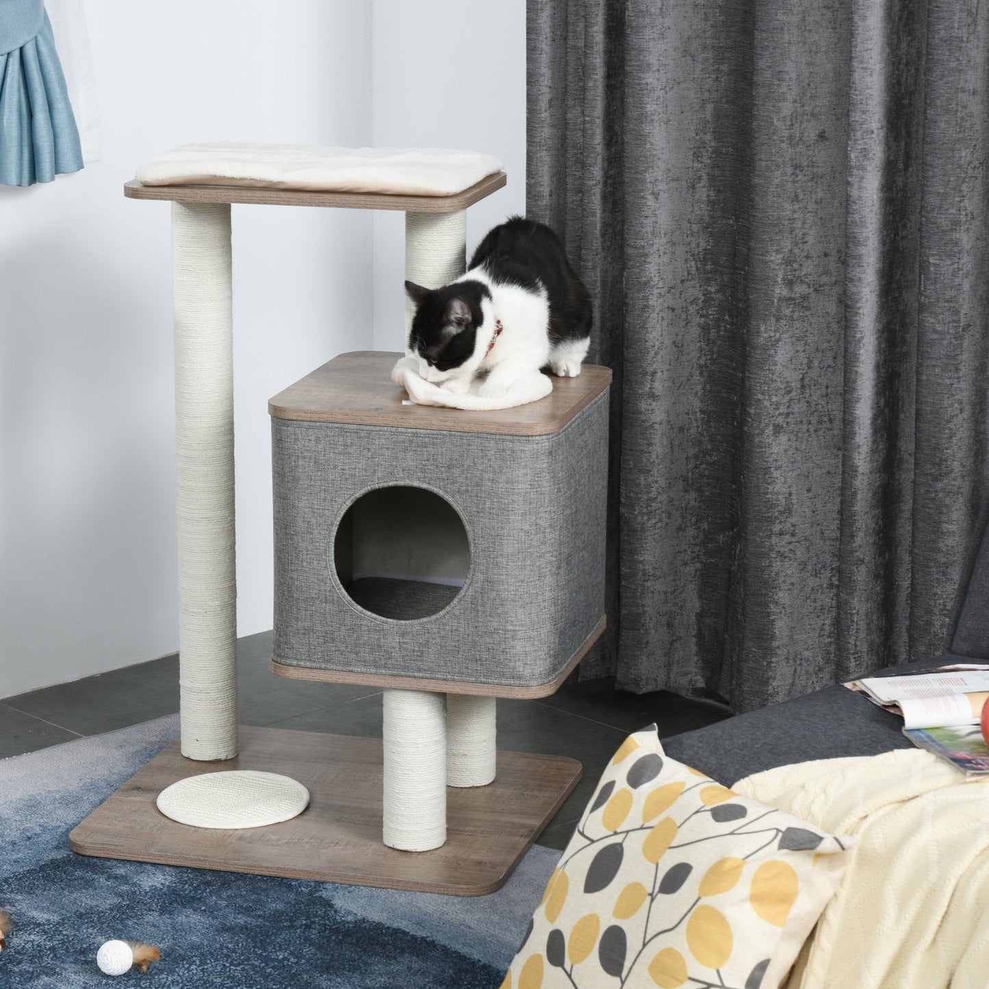 -Pawhut 34" Cat Tree Tower Kitten House Activity Center Pet Furniture Climbing Frame With Scratching Posts & Carpet Removable Cushions Perch Condo - Outdoor Style Company