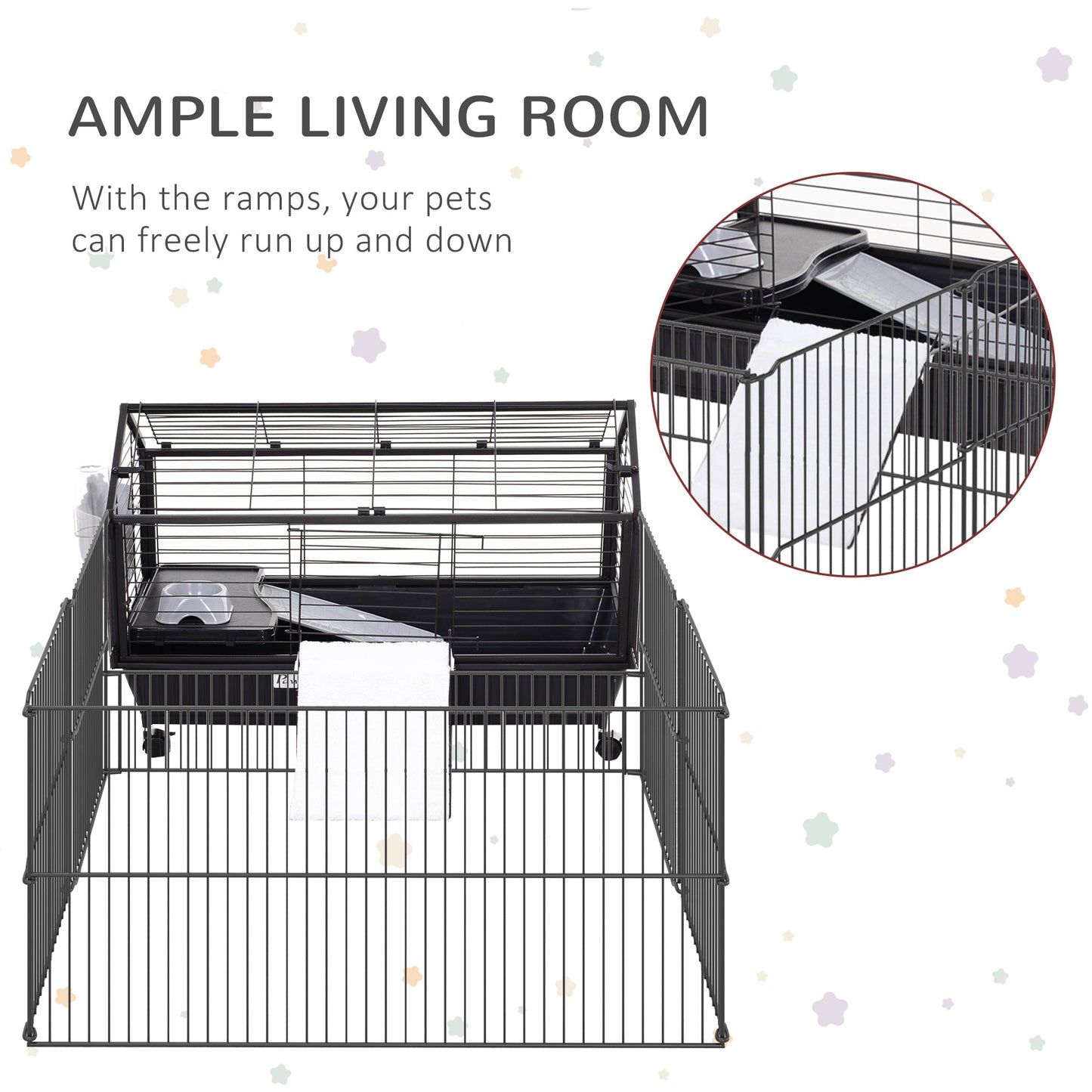 -PawHut 35"L Small Animal Hutch Cage, Bunny Playpen with Main House with Rolling Wheel, Guinea Pig & Chinchilla Cage, Black - Outdoor Style Company