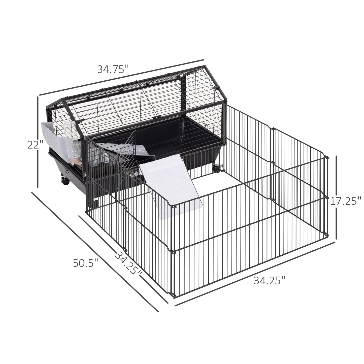 -PawHut 35"L Small Animal Hutch Cage, Bunny Playpen with Main House with Rolling Wheel, Guinea Pig & Chinchilla Cage, Black - Outdoor Style Company