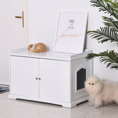 -PawHut 37.5" Wooden Covered Mess Free Cat Litter Box End Table Hideaway Cabinet with Storage for Accessories White - Outdoor Style Company