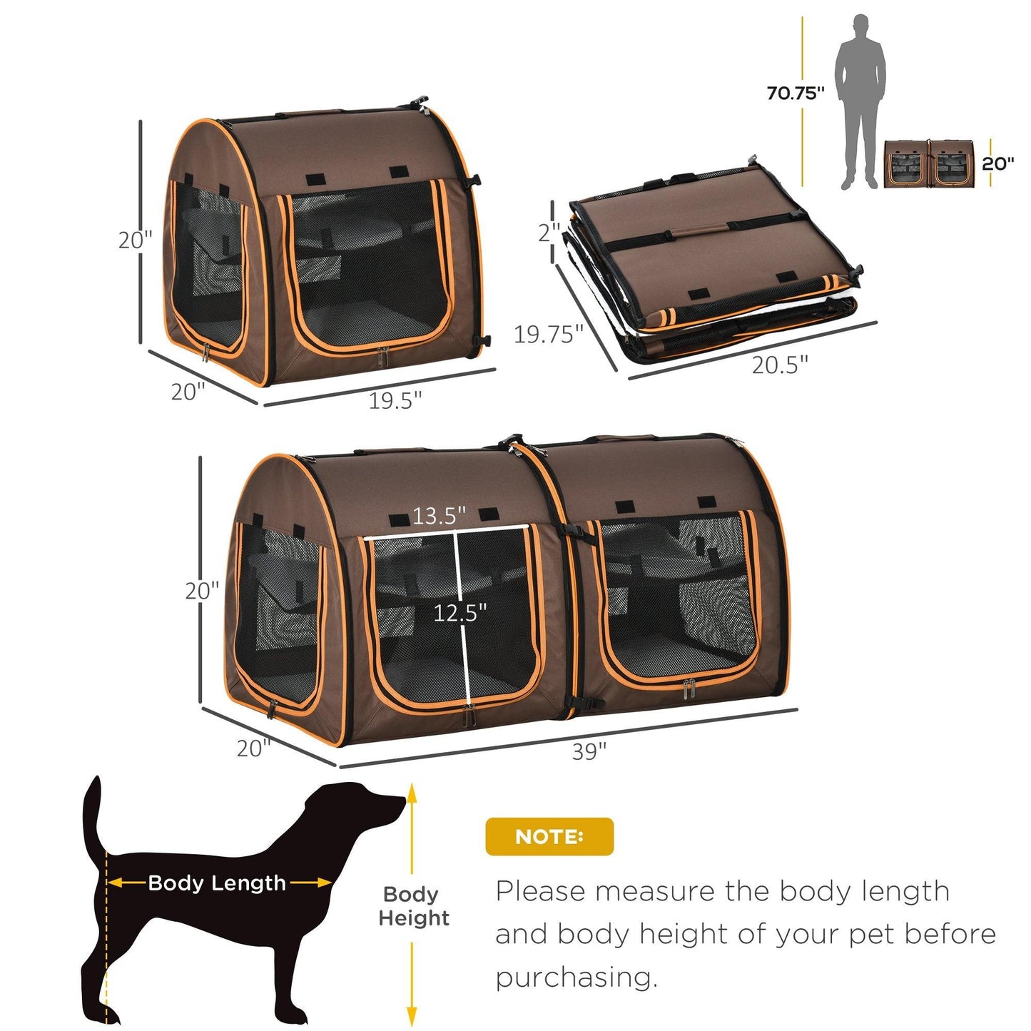 '-Pawhut 39" Portable Soft-Sided Pet Cat Travel Carrier Cat Cage With Divider Dual Compartment Soft Cushions And Large Storage Bag, Brown - Outdoor Style Company