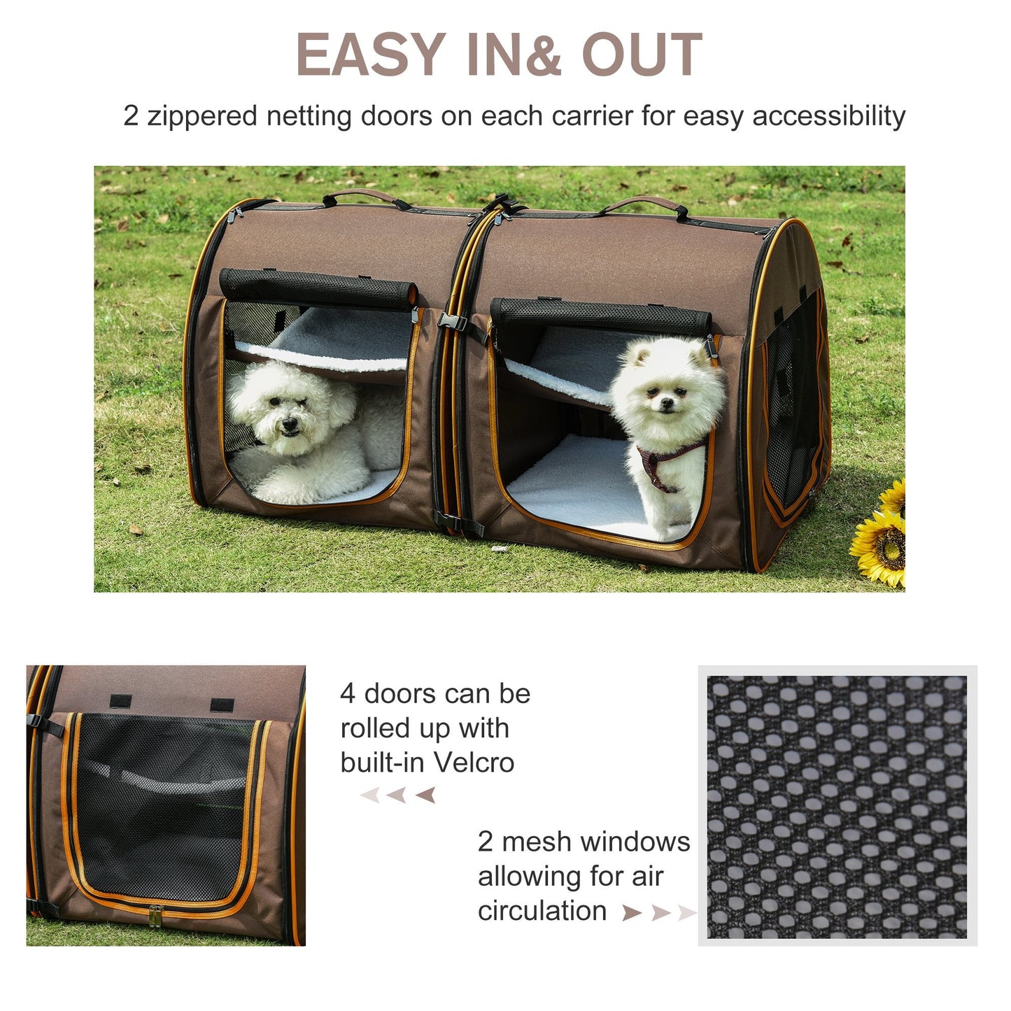 -Pawhut 39" Portable Soft-Sided Pet Cat Travel Carrier Cat Cage With Divider Dual Compartment Soft Cushions And Large Storage Bag, Brown - Outdoor Style Company