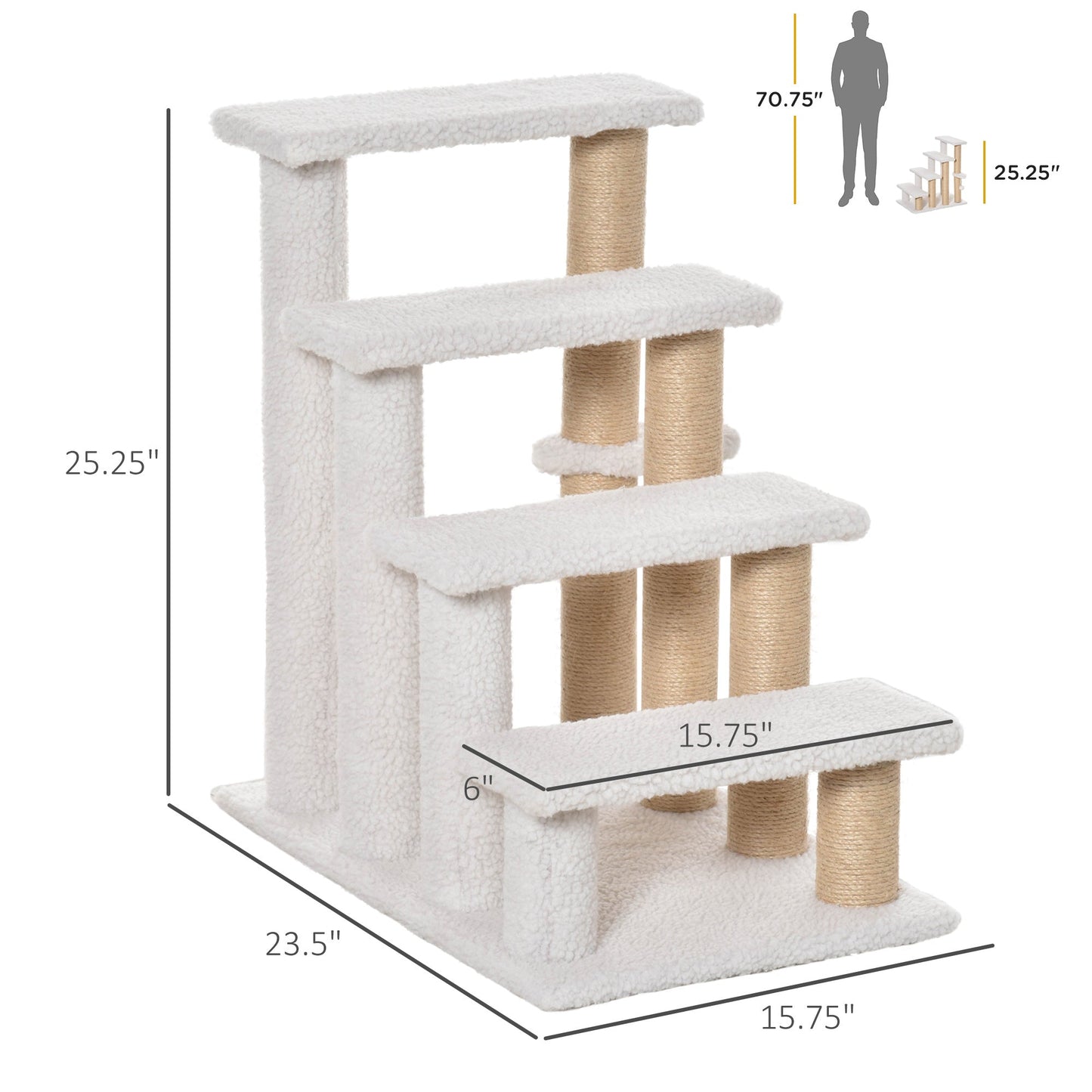 -PawHut 4-Level Pet Stairs, Cat Steps Carpeted Ladder Ramp, Kitten Tree Climber with Scratching Posts, Hanging Play Ball, for Bed, Sofa, White - Outdoor Style Company