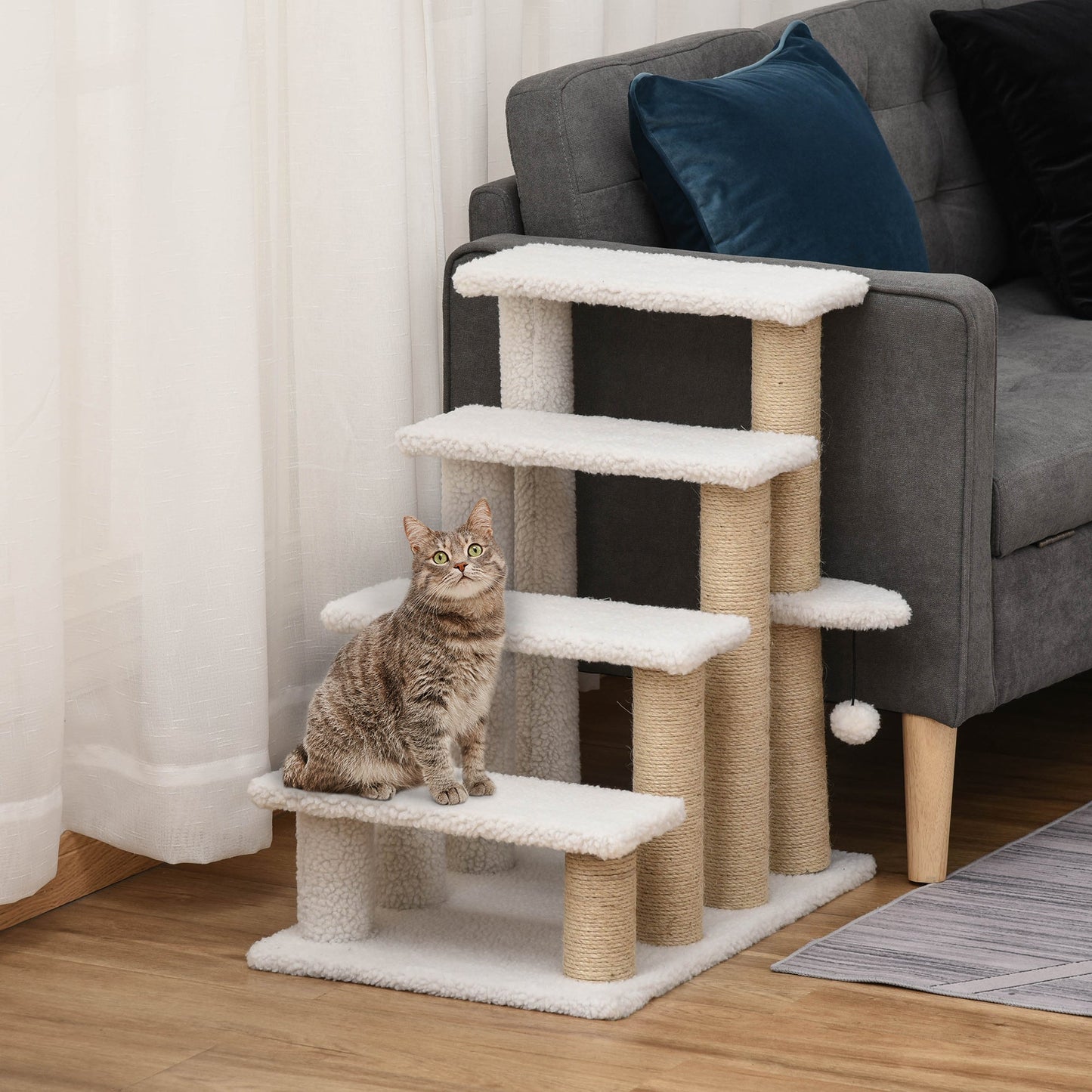 -PawHut 4-Level Pet Stairs, Cat Steps Carpeted Ladder Ramp, Kitten Tree Climber with Scratching Posts, Hanging Play Ball, for Bed, Sofa, White - Outdoor Style Company