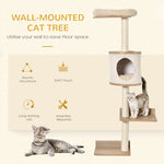 -PawHut 4-Level Wall-Mounted Cat Tree Activity Tower, Wall Cat Shelves with Sisal Rope Scratching Posts, Cat Condo and Bed, Light Brown - Outdoor Style Company