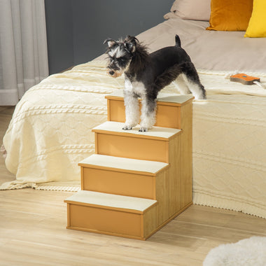 -PawHut 4 Tiers Wood Dog Stairs and Ramps with Cushioned Removable Covering, for Dogs and Cats Up To 22 Lbs., Dog Ramp for Bed, Natural - Outdoor Style Company
