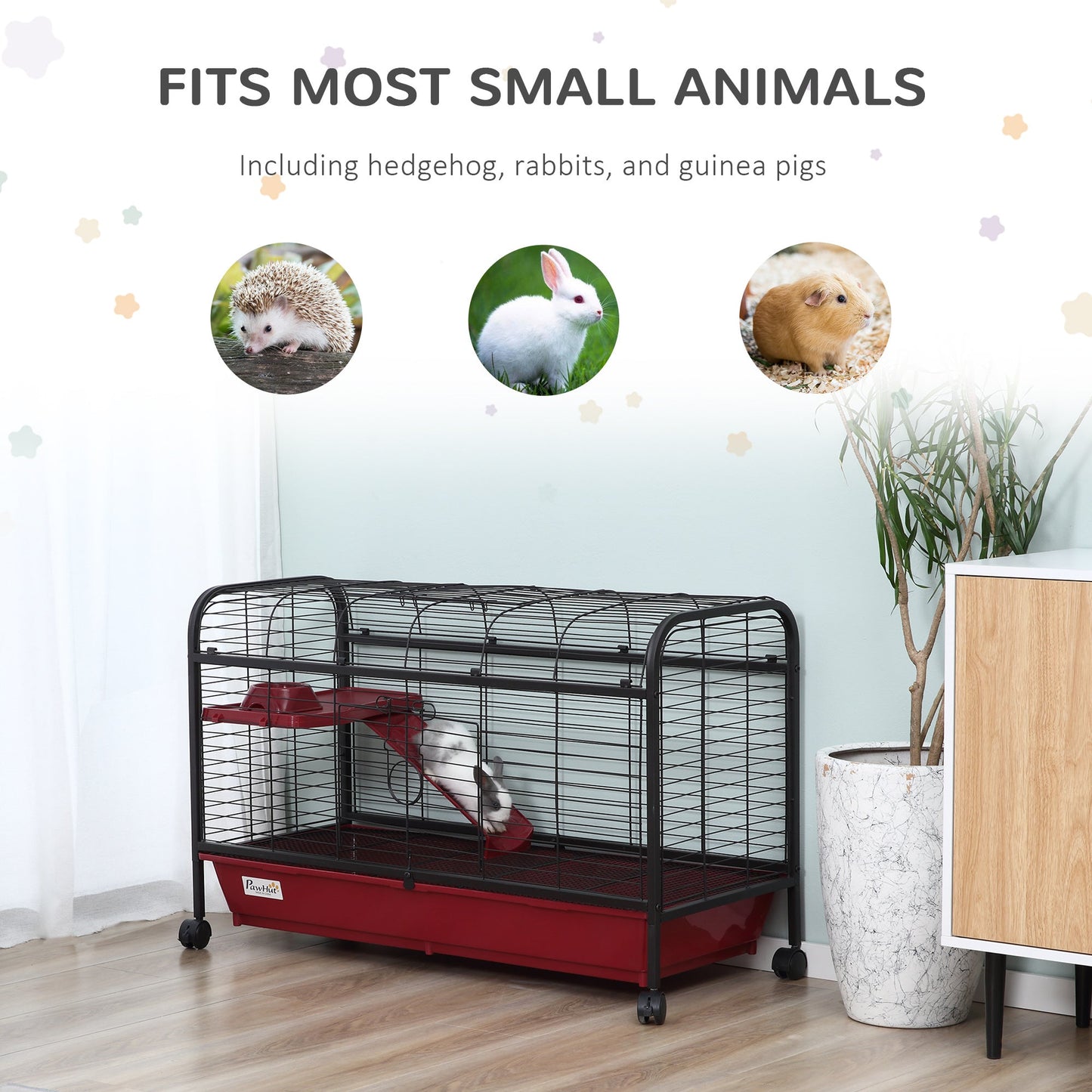 -PawHut 41"L Small Animal Cage, Rabbit Guinea Pig Hutch, Ferret Pet Play House with Feeder, Rolling Wheels, Platform & Ramp, Red and Black - Outdoor Style Company