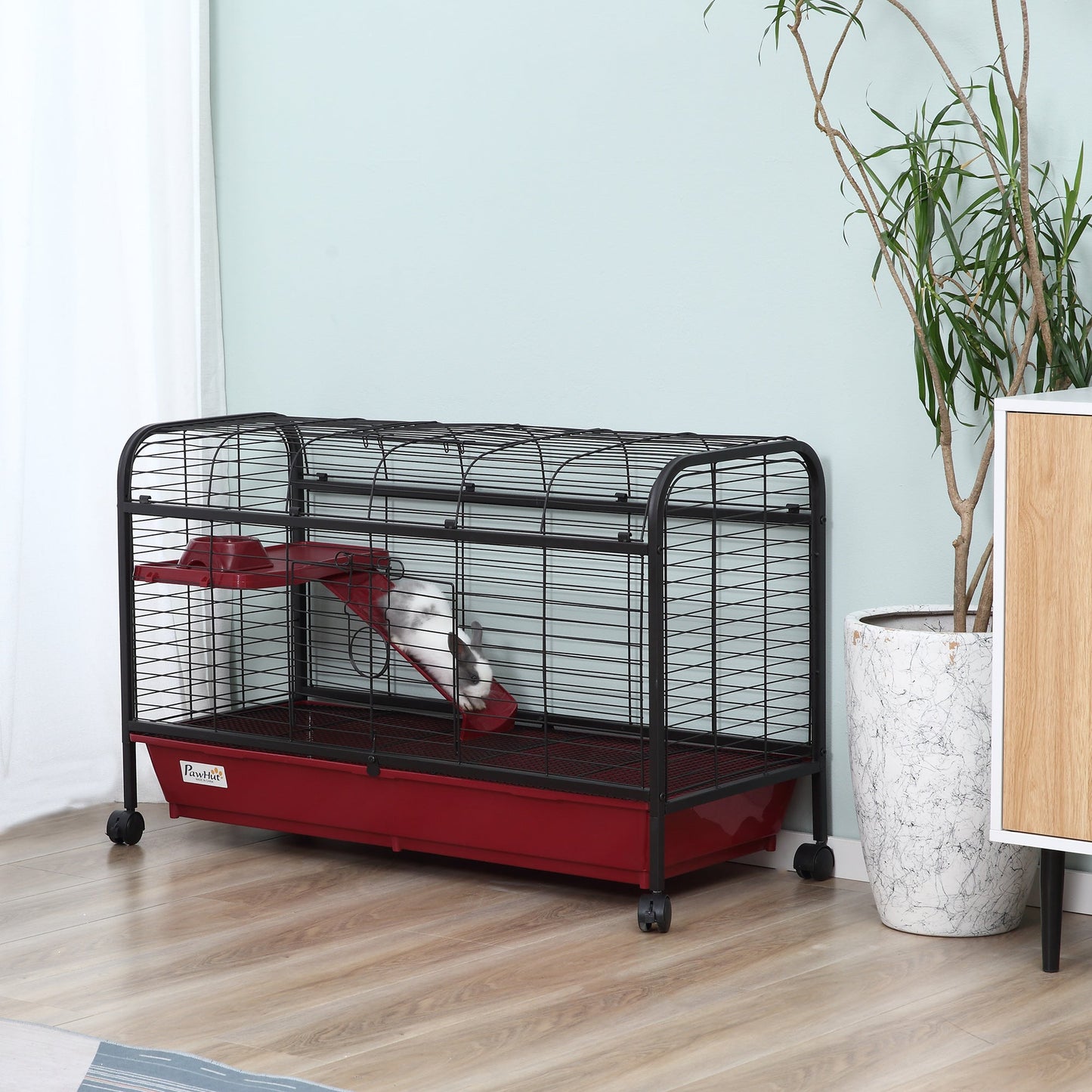 -PawHut 41"L Small Animal Cage, Rabbit Guinea Pig Hutch, Ferret Pet Play House with Feeder, Rolling Wheels, Platform & Ramp, Red and Black - Outdoor Style Company
