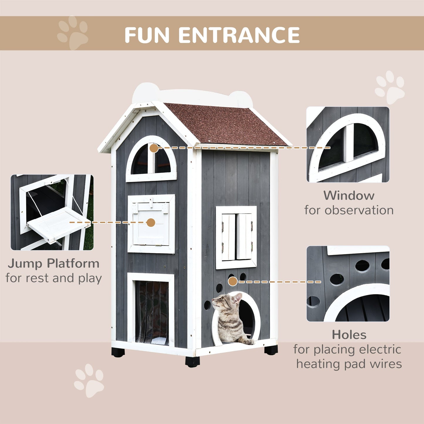 -PawHut 43"H Wooden Cat House Feral Cat Shelter Outdoor Kitten Condo 3-Floor Pet Habitat with Asphalt Roof, Escape Doors, Inside Stairs, Grey and White - Outdoor Style Company