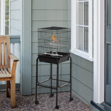 -PawHut 44.5" Metal Bird Cage with Detachable Rolling Stand, Big Cage Starter Kit for Parakeets,Cockatiel, Canary, Finch, Lovebird & Parrotlet, Black - Outdoor Style Company